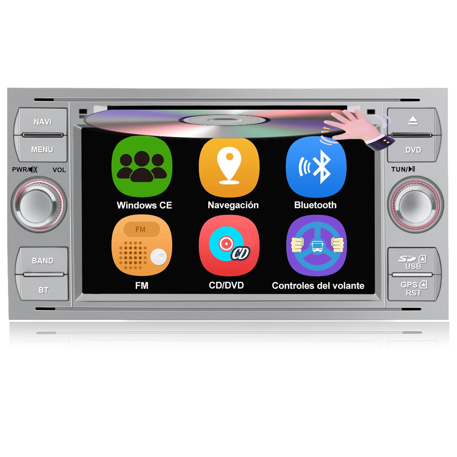 AWESAFE Radio Coche 7 Pulgadas para Ford con Pantalla Táctil 2 DIN, Autoradio de Ford con Bluetooth/GPS/FM/RDS/CD DVD/USB/SD, Apoyo Mandos Volante, Mirrorlink y Aparcamiento (Plata)