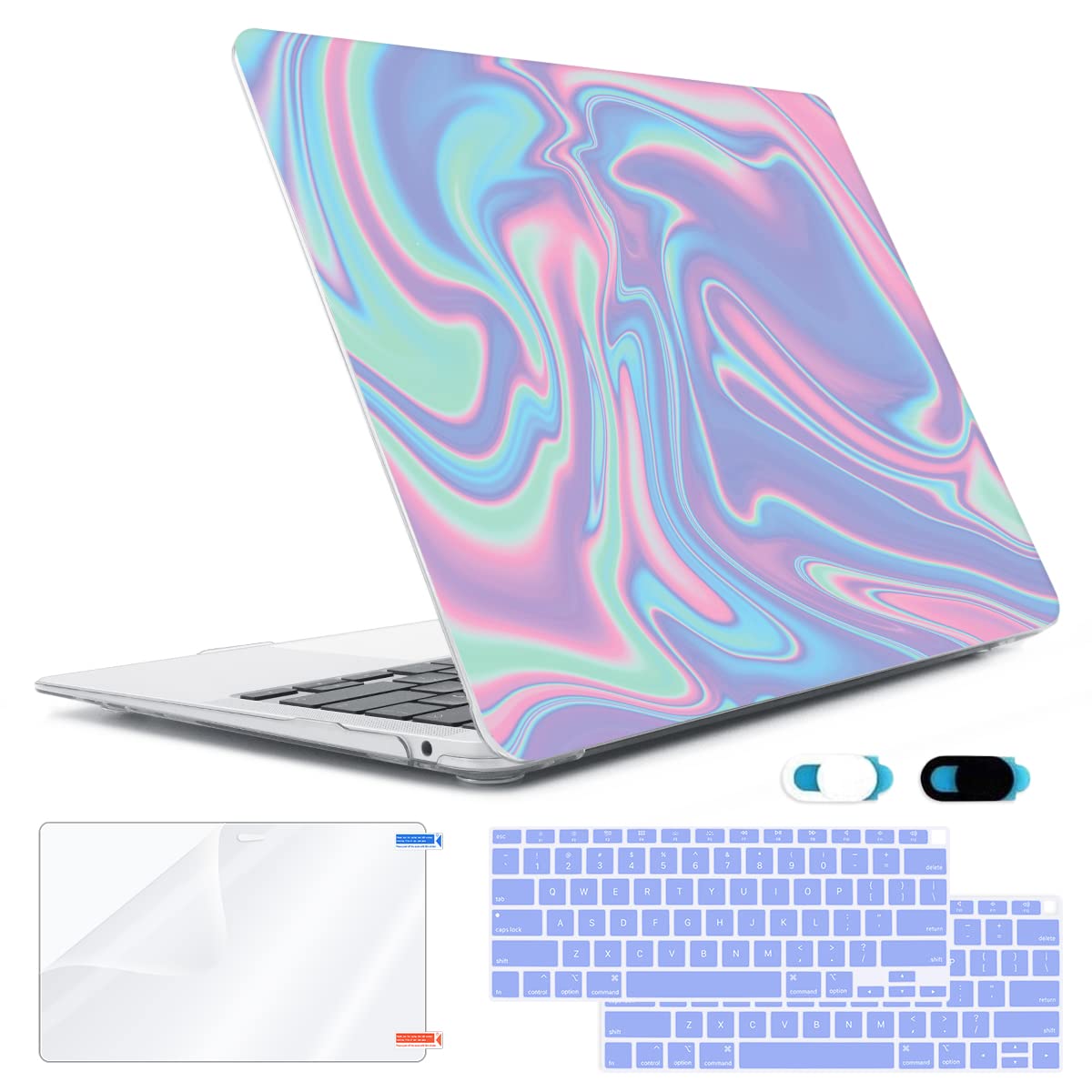 HOHAIYOO Compatible with MacBook Air 13 inch Case 2022 2021 2020-2018 Release M1 A2337 A2179 A1932 with Touch ID, Hard Print Case + Keyboard Skin + Webcam Cover + Screen Protector, Abstract Liquid