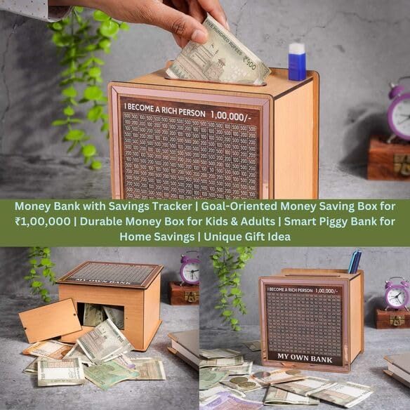 Laser Art Wooden Piggy Bank for Kids & Adults, Coin Box with Carved Design, Savings Box, Mini Bank, Donation Box, Smart Money Box, Wooden Coin Box, Money Saver, Piggy Bank with Numbers 1
