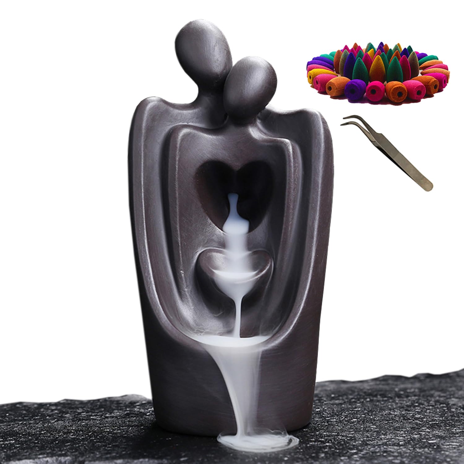 Incense Waterfall Ceramic Couple Statue, Backflow Incense Burner with Cones