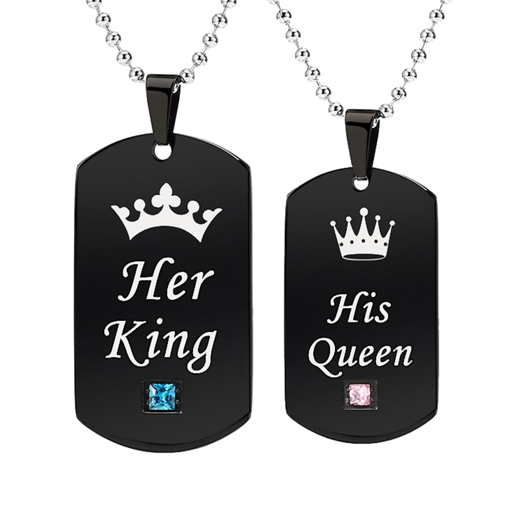 GAGAFEELCouple Necklace His Hers Titanium Stainless Steel Pendant Crown Tag Queen & King Matching Set Anniversary Valentine's Day Gift (His Queen Her King)
