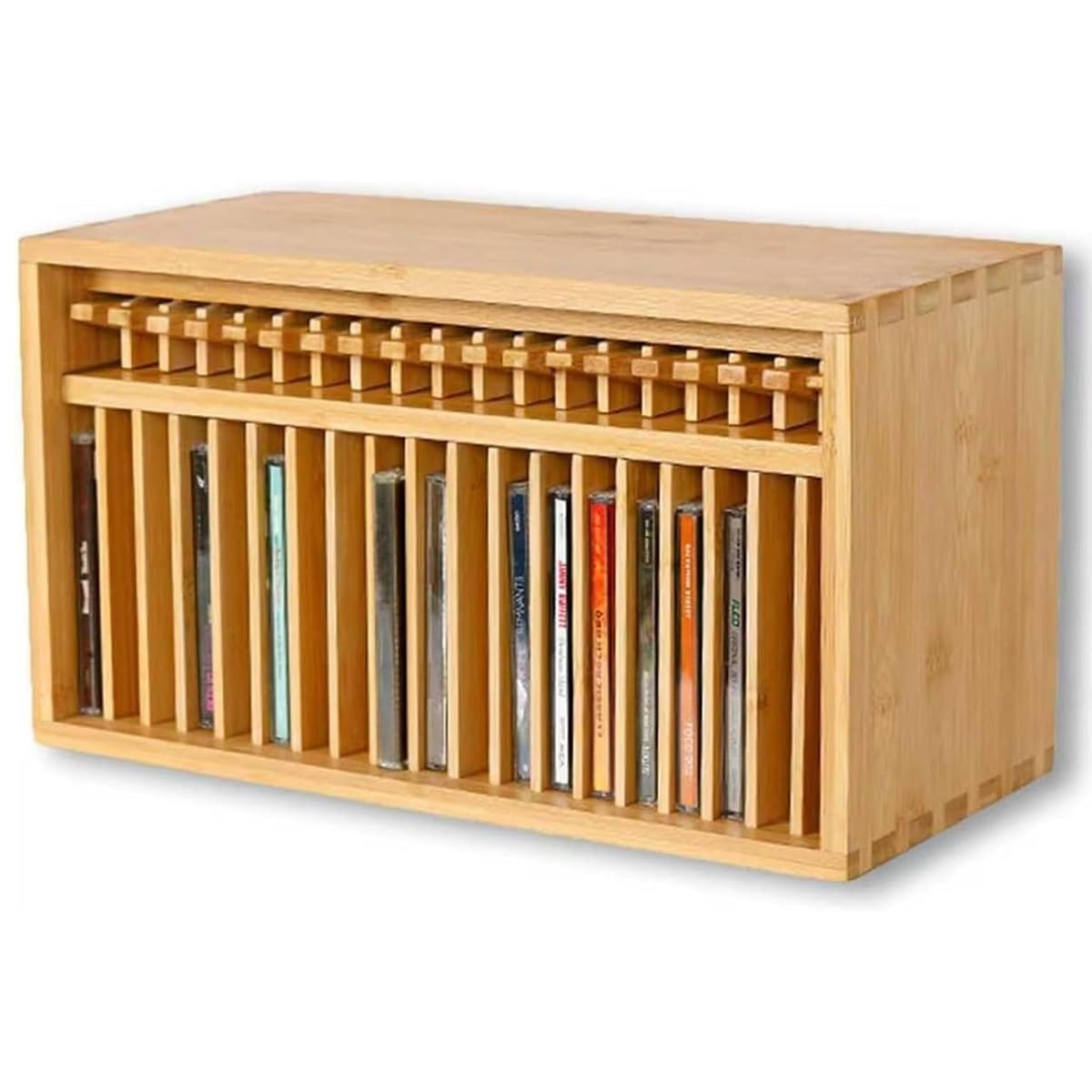 Soporte de CD emergente, estante de almacenamiento de DVD de madera para 19 cajas de CD, solución de almacenamiento de prensa y rebote para el hogar, oficina, sala de música, sala de teatro