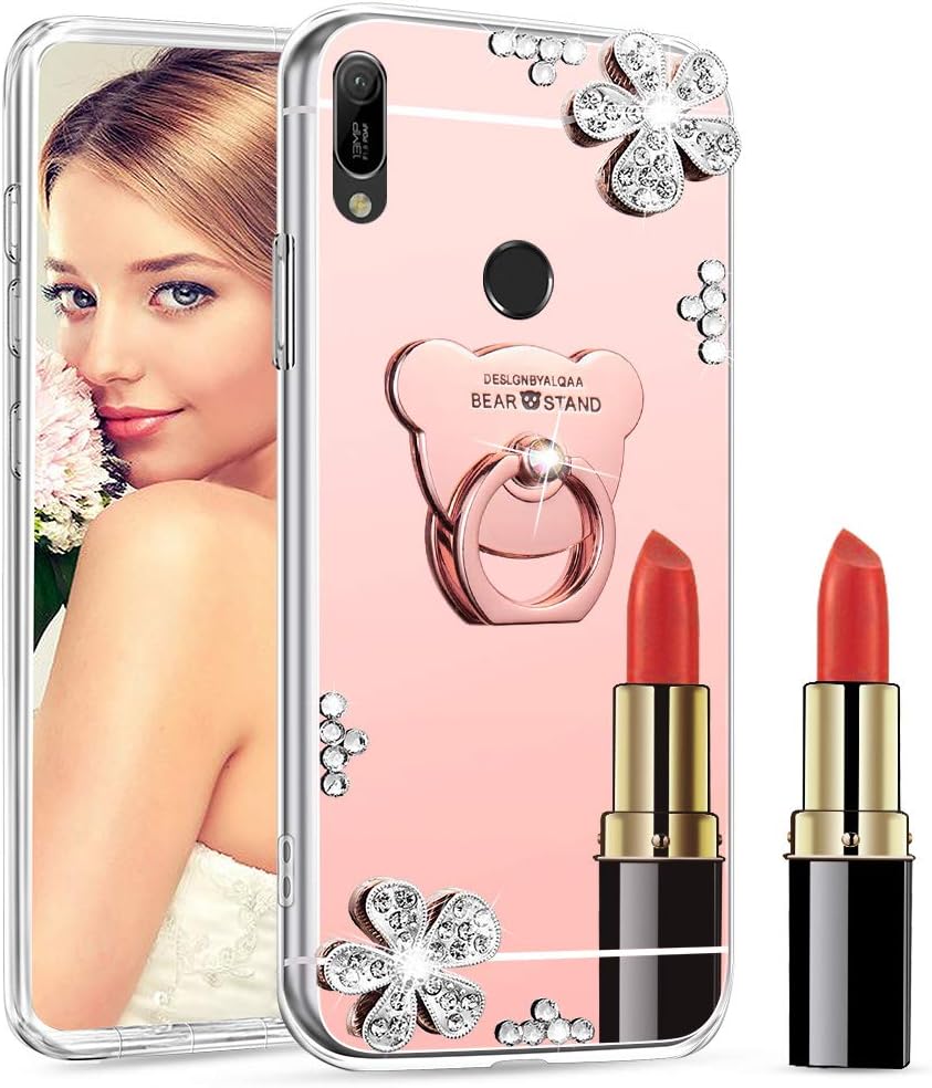 ISADENSER Y9 2019 Case Huawei Y9 2019 Case Ultra-Slim Glitter Bling Diamond Case Mirror Makeup Soft Cover with Ring Stand Holder for Huawei Y9 2019, Rose Gold Flower Bear TPU with Stand Holder