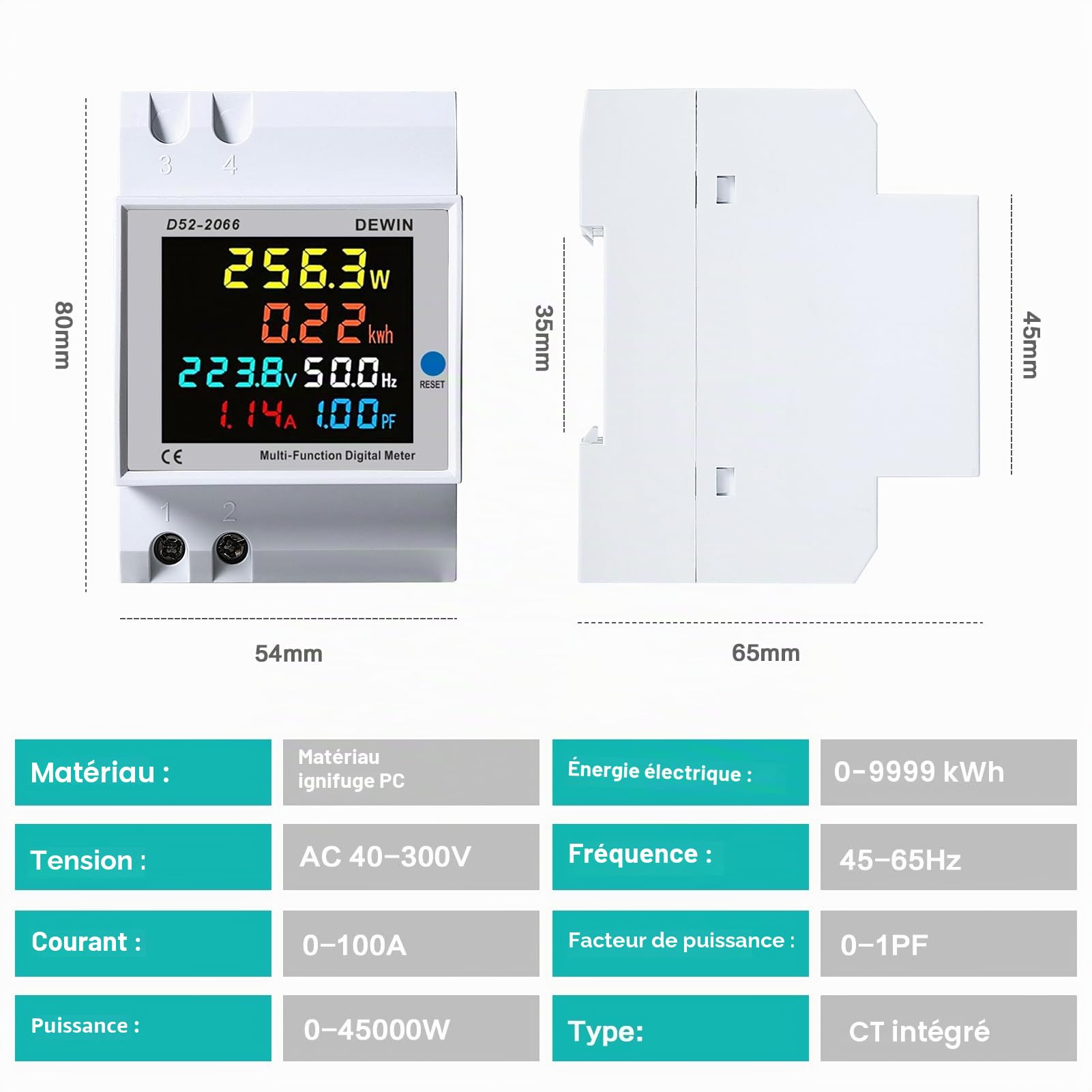 DeWin Compteur d'électricité Numérique, Compteur d'énergie Monophasé Courant Tension Puissance KWH Compteur 6 en 1 Compteur d'énergie avec écran LCD AC 40-300V 0-100A