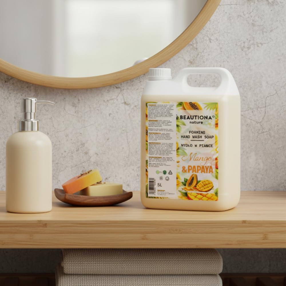 Mydło piankowe 5 l, kanister uzupełniający, mango i papaja, opakowanie uzupełniające do dozownika mydła w piance, mydło do rąk i ciała, neutralne pH z gliceryną i olejkiem migdałowym – bez silikonów