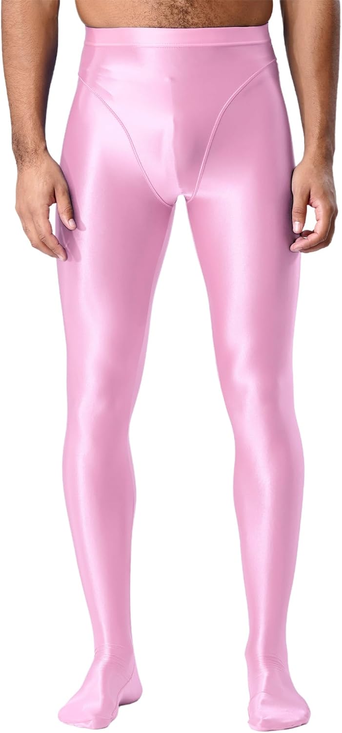 Freebily Mens Shiny Slim Fit Footed Leggings Tights Smooth Elastic High Waistband Compression Pants