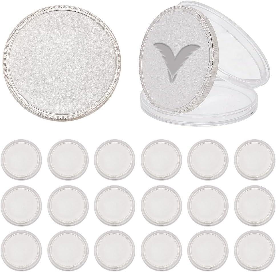 WEBEEDY 20pcs Blank Challenge Coin Silver Engraving Blanks Coins Iron with Acrylic Protection Box for Challenge Coins DIY Jewelry Making Commemorative Collection（40x3MM/1.6 * 0.1INCH）