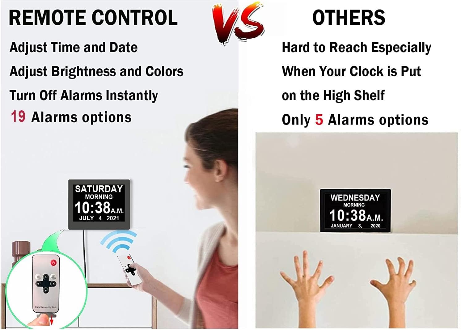 Véfaîî 19 Alarms Dementia Clock 8 Inch Large Display, Auto DST, 10 Levels Auto Dimmable, Non-Abbreviated Date and Day Calendar Clock for Seniors, with Power Adaptor, Picture Frame Feature