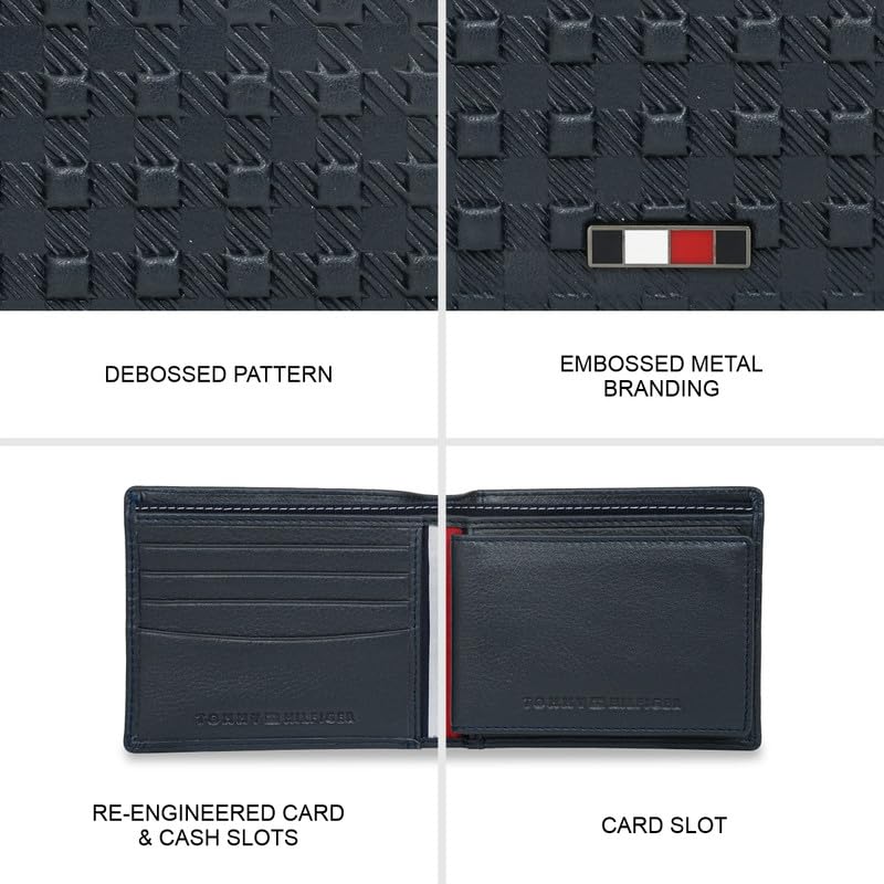 Image of Tommy Hilfiger Men's Leather Passcase Wallet Palena| Navy Bifold with Removable ID Window & Debossed Pattern | Stylish & Functional | Ideal for Gifting