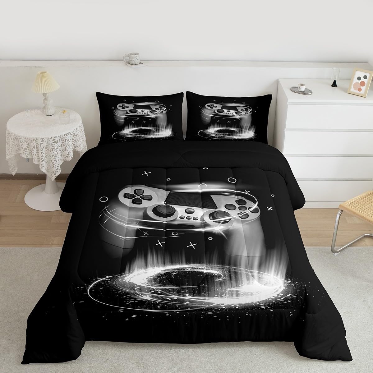 Loussiesd Player Quilt Boys Teenagers Video Game Games Quilt Triangle Circle Duvet Insert Cover Kids Toddler Game Regulator Bed Cover Double Breathable Microfiber Black Gray