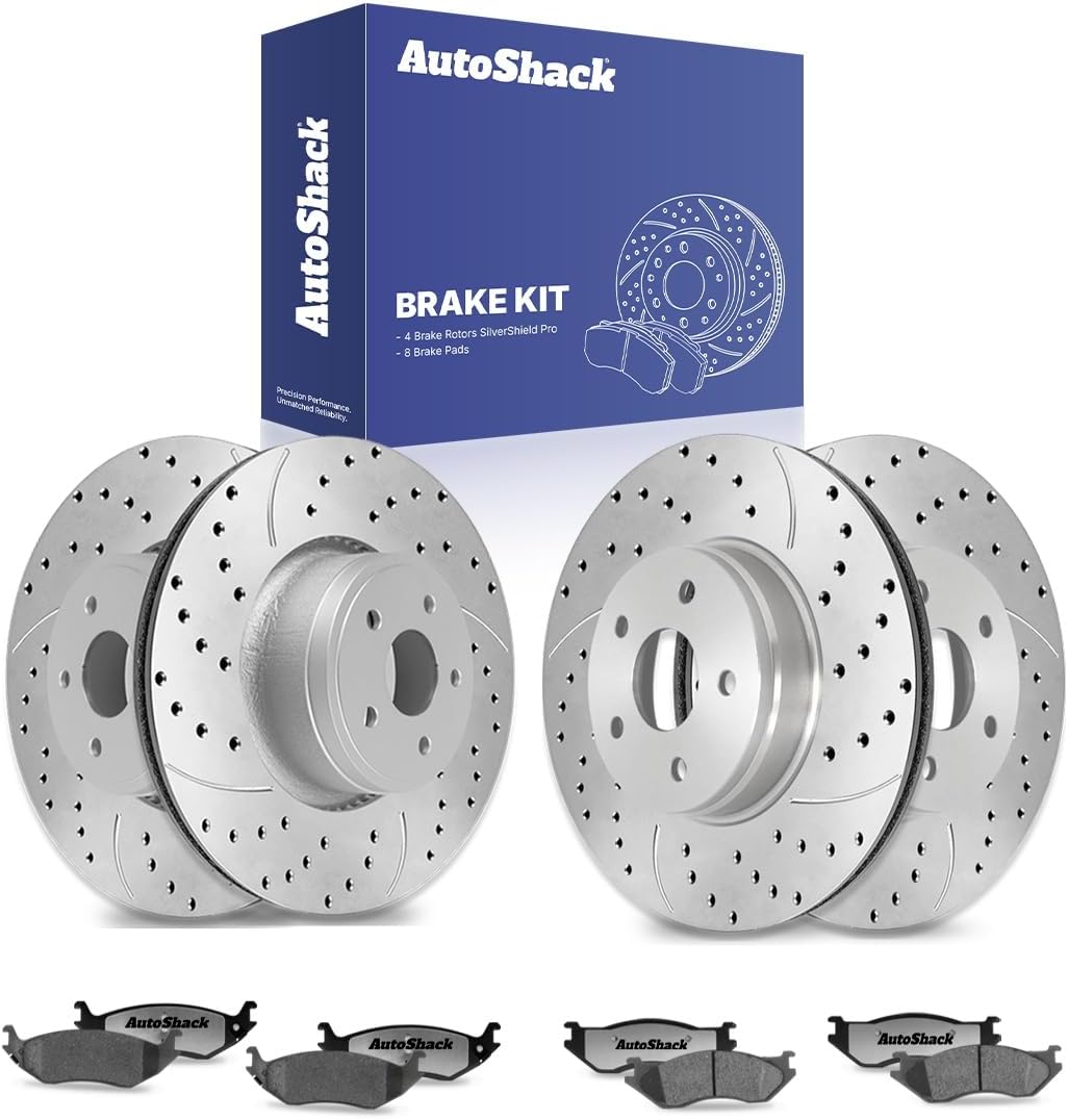 AutoShack Front Vented & Rear Vented Drilled & Slotted E-Coated Brake Rotors + Ceramic Pads 12-PC Brake Kit Replacement for 2002-2004 Dodge Ram 1500 2004 Dodge Durango ShadowGuard
