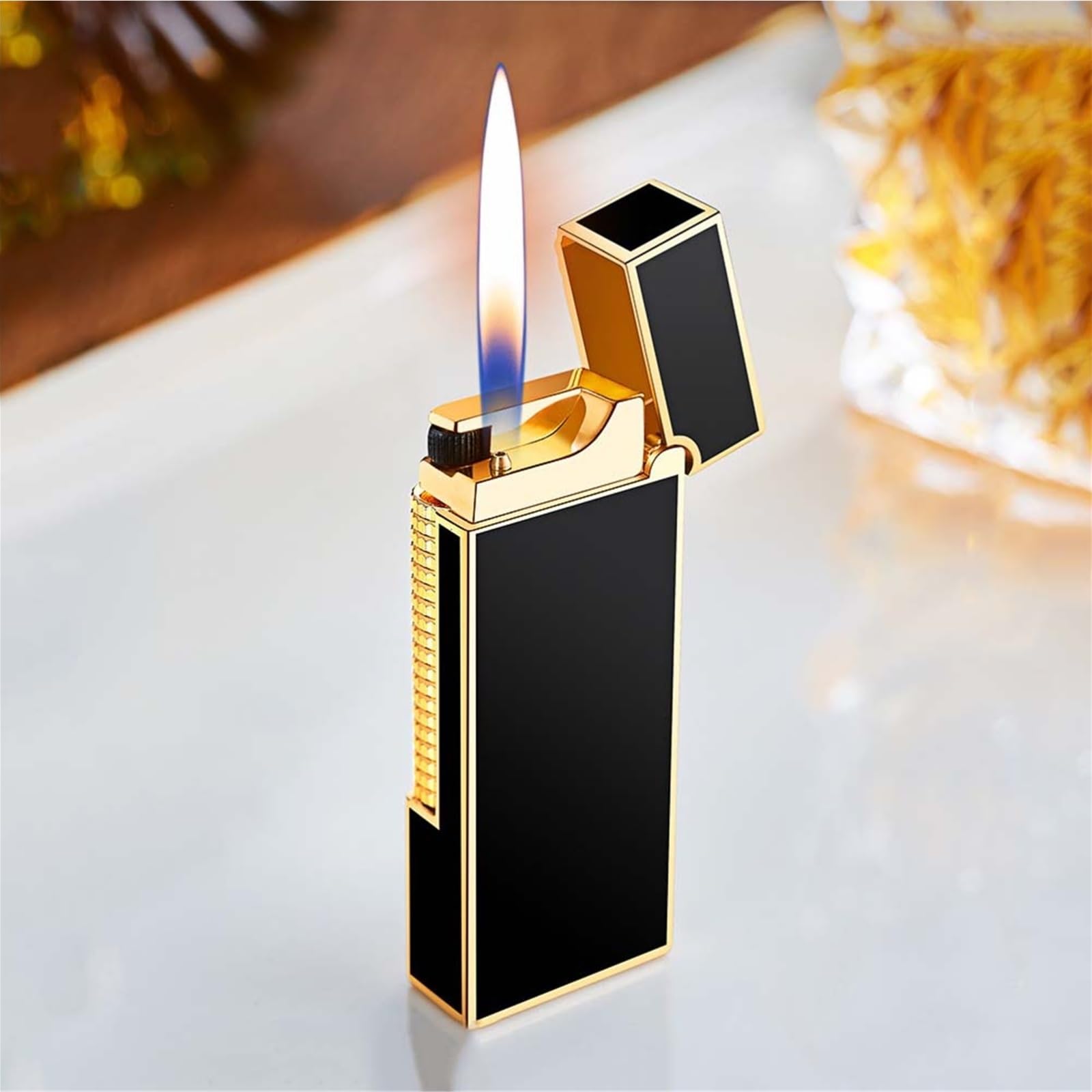 Mechero de butano, cuerpo de metal recargable, tamaño de llama ajustable, encendido deslizante lateral, ideal para velas, hogueras, regalos, elegante llama abierta, 4.9 pulgadas de longitud