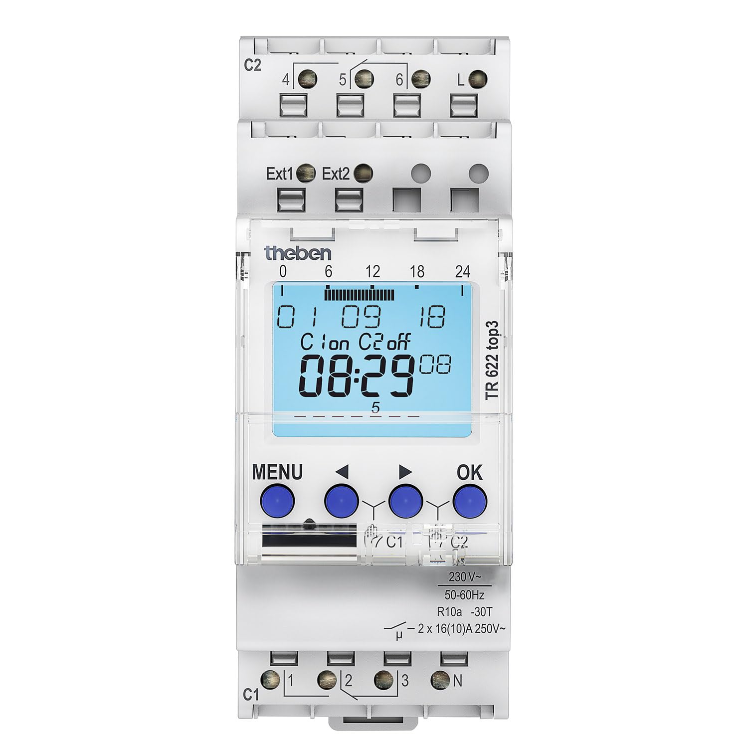 Theben powerful 2 channel digital time switch TR 622 top3-2 external inputs, weekly program, app programming possible, 10 year power reserve, up to 600 W LED 6220130