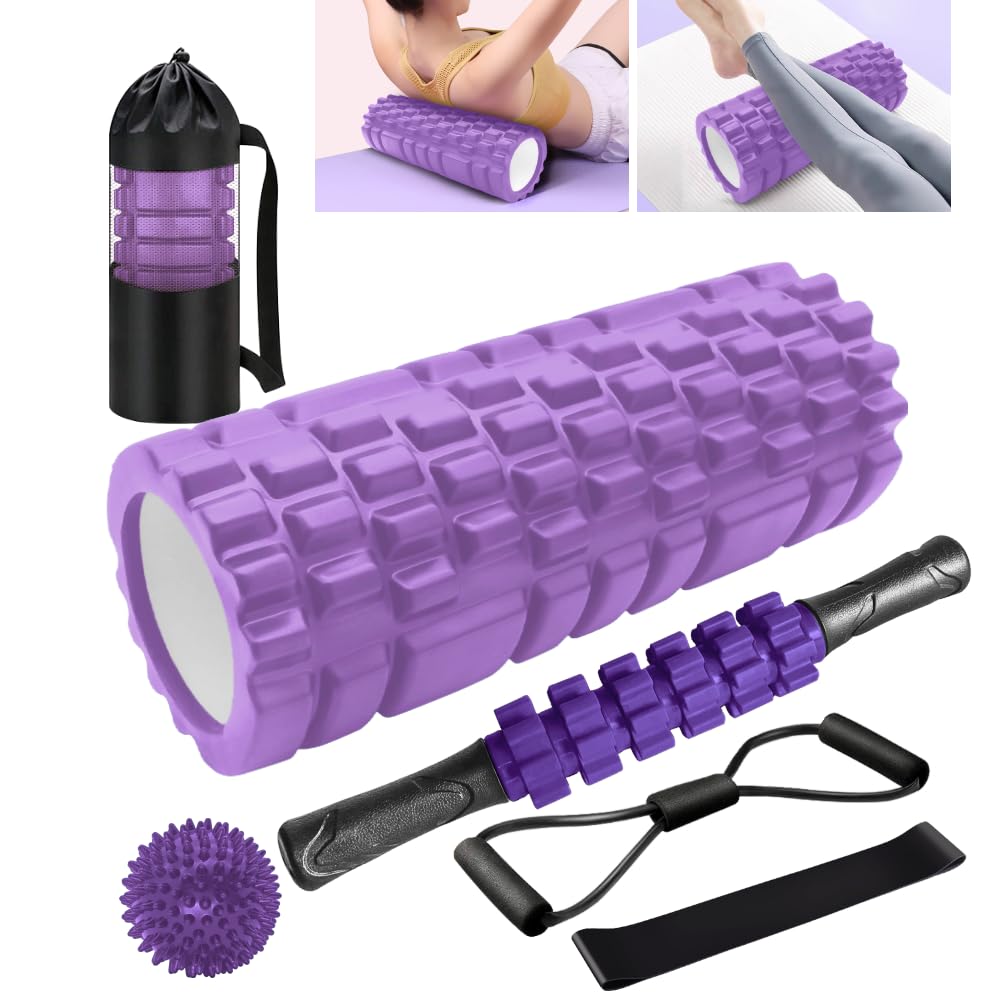 Rullo Massaggio Muscolare, Qveetry 6 in 1 Foam Roller Rullo in Schiuma Pallina Massaggiante Bastone Massaggio bande di resistenza per Stretching Yoga Pilates Rilascio Miofasciale