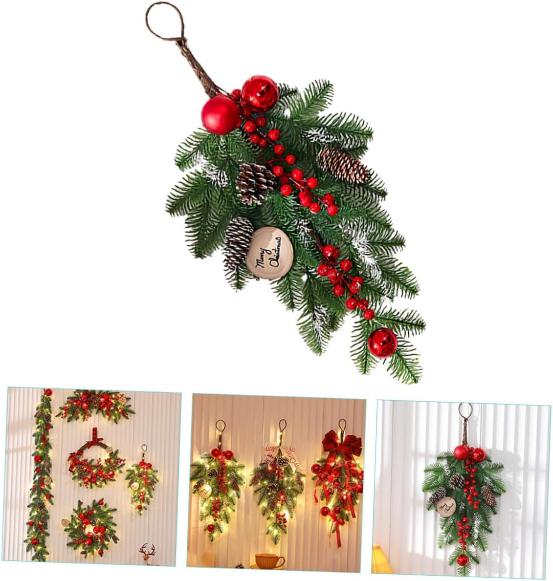 Cabilock Christmas Teardrop Swag Hanging Decor Faux Wreath with Balls Versatile for Garden Fireplace Stair Railing and Window Decorations for Holiday Cheer