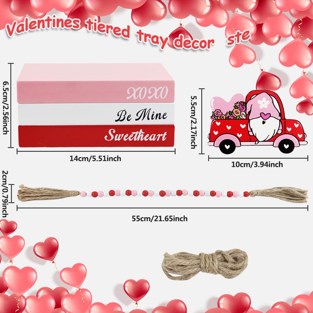 Finphoon Valentines Day Decor,Valentines Day Tiered Tray Decor,Valentine's Day Wooden Books Stack with Be Mine XOXO Sweetheart Valentines Sign for the Home, Coffee Table,Mantel, Shelf