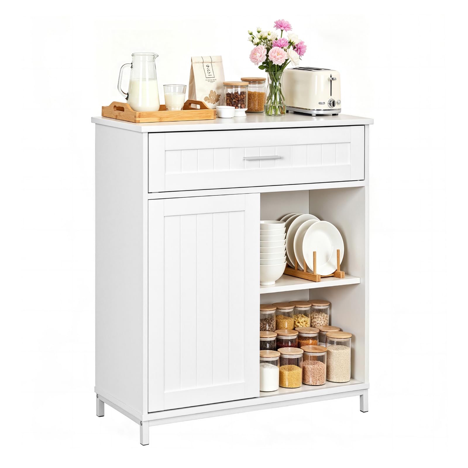 WOLTU Sideboard, Küchenschrank mit Arbeitsplatte, Aufbewahrungsschrank mit Schiebetür Schublade und verstellbare Ablage, für Küche Wohnzimmer Esszimmer, 70x80,2x30 cm, Weiß