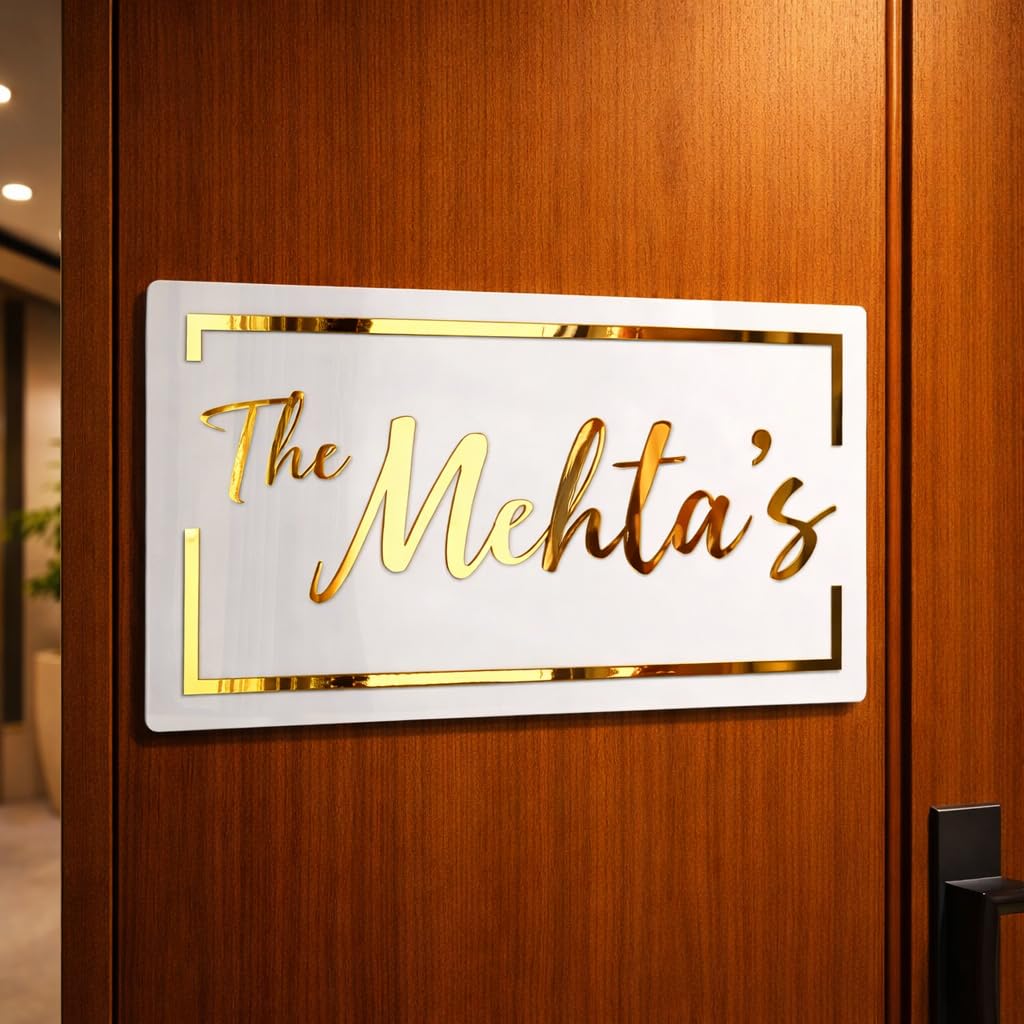 Custom Golden Acrylic Name Plate with Ganesha | Personalized House Nameplate with Name & Flat Number | Premium Door Wall Name Sign for Home Entrance 6 x 12 inch (Golden Mirror & Black) — Amazon image 11