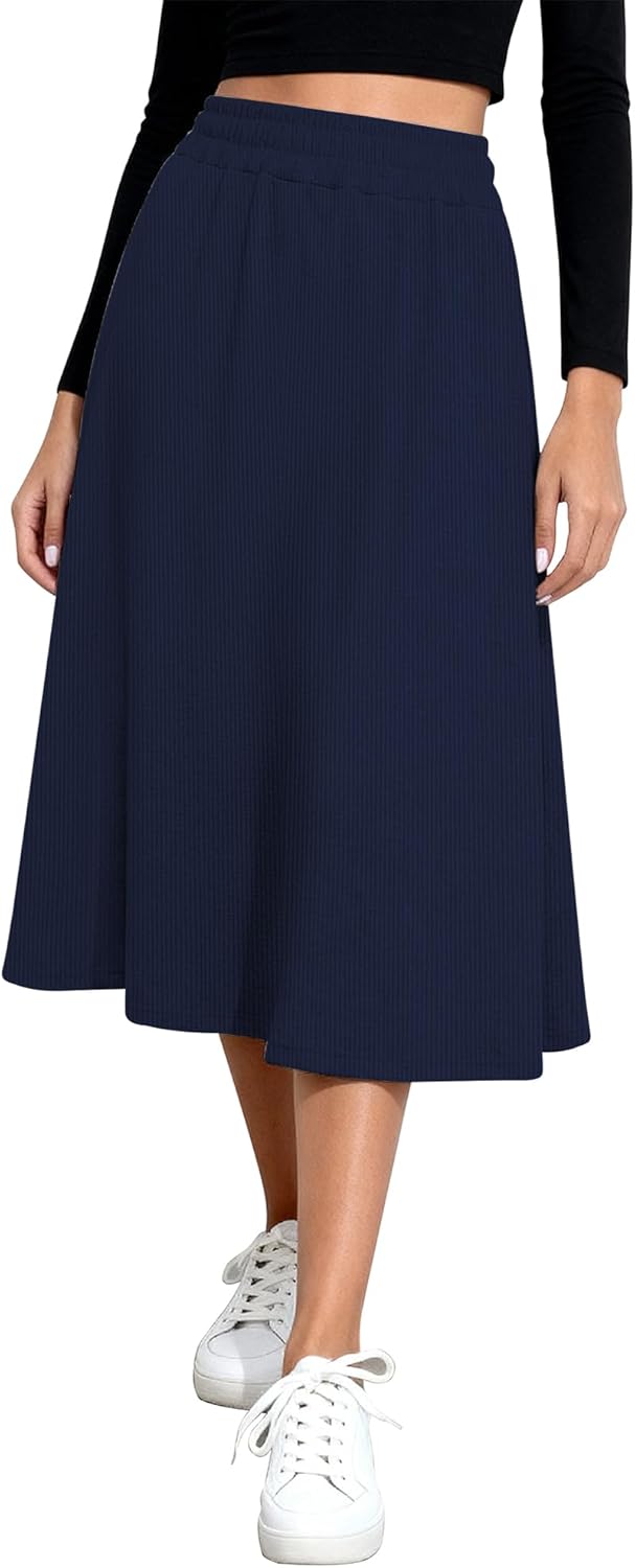 Urban CoCo Women's Elastic Waist Ribbed Knit Midi Skirt Cozy Flowy A-Line Long Skirts for Fall Winter - Image 2