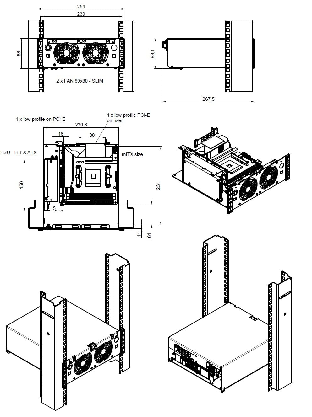 R-CASE 7 ITX 10" LONG RAL case 10 inch, 2U size, 1x GPU low profile, 1x FLEX ATX, 1xPCI-E, home lab, Server
