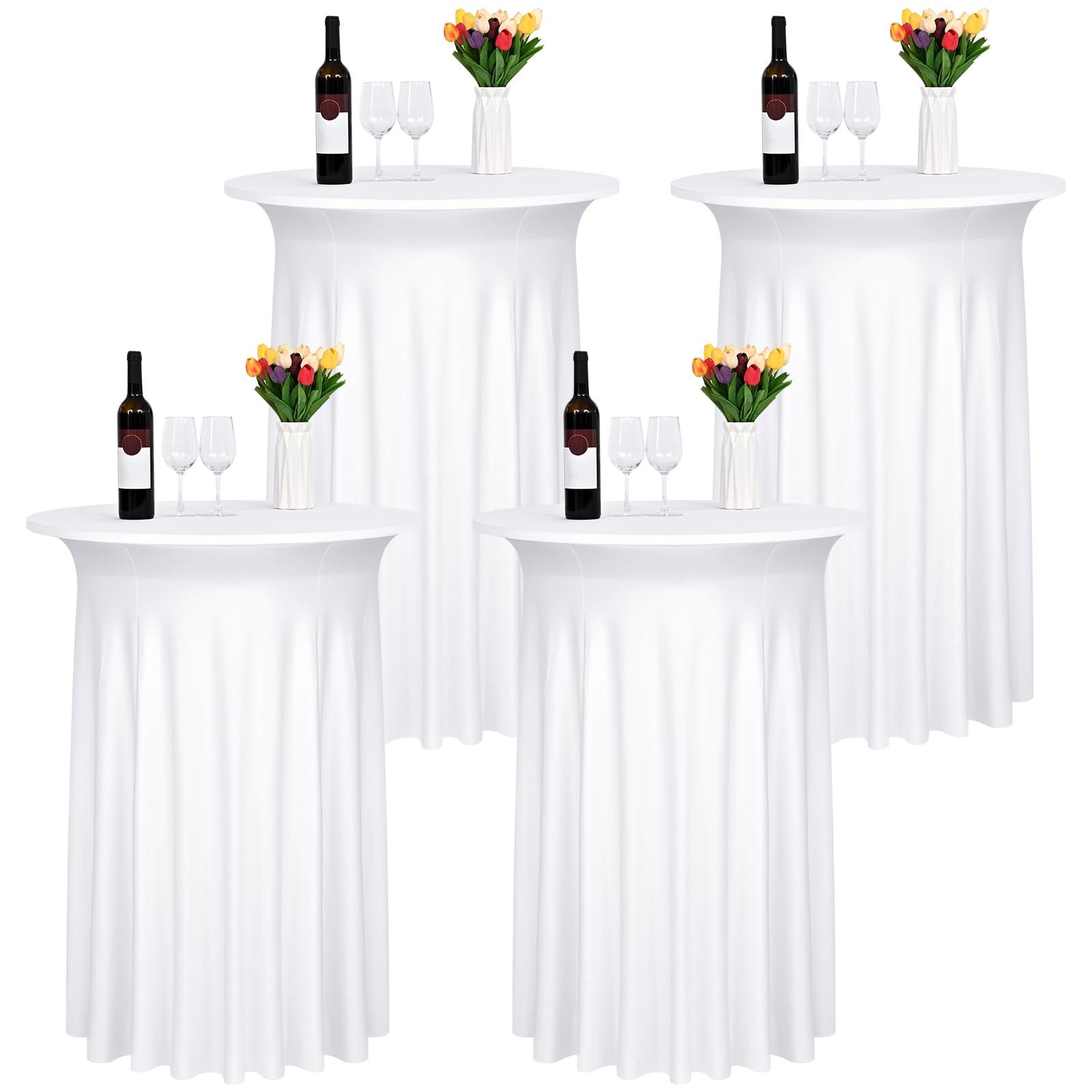 4 Pack White Round Cocktail Table Skirt, 32" x 43" Spandex Stretch Cocktail Tablecloth with Wavy Drapes, Fitted High Top Table Covers for Wedding