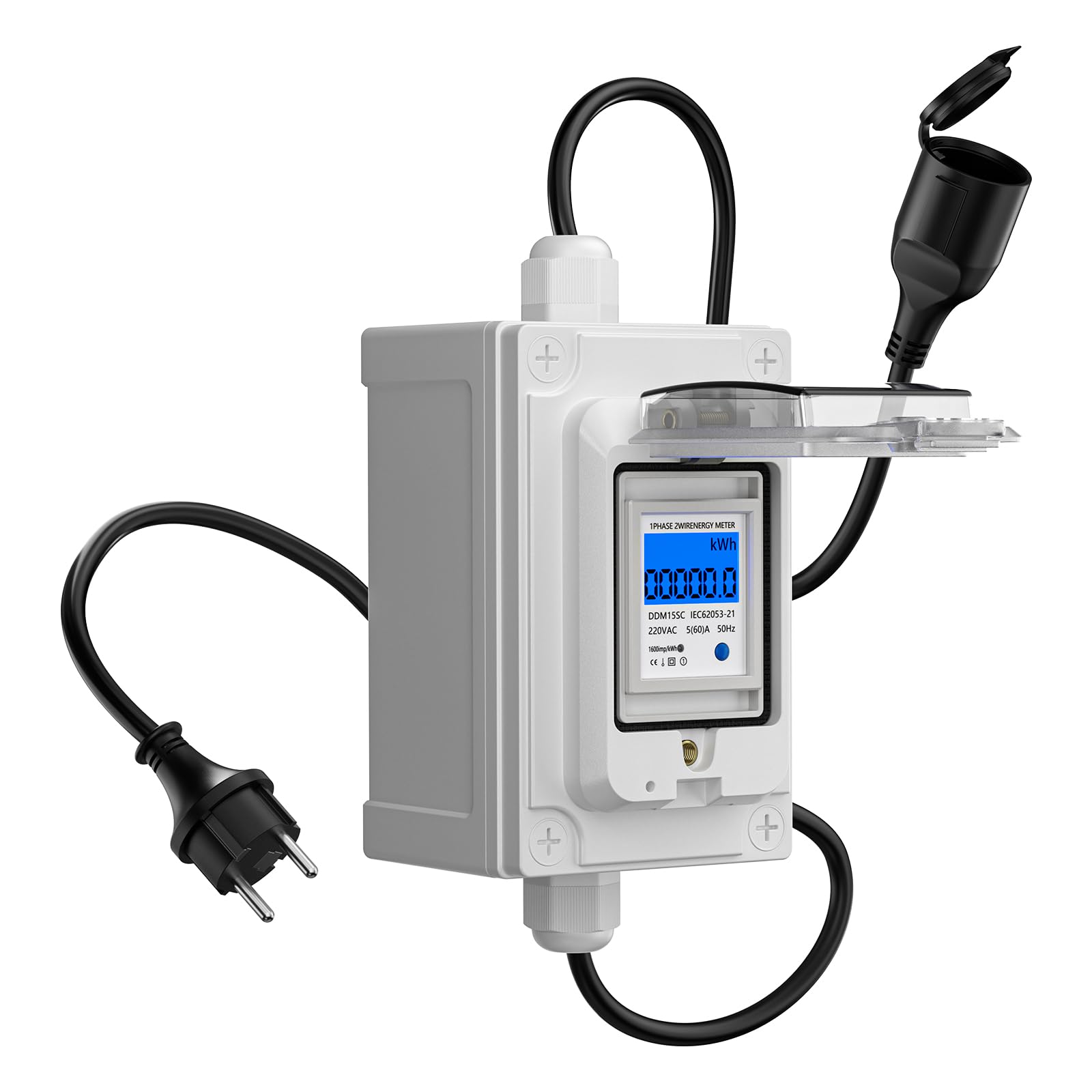 Compteur électrique numérique mobile GJCrafts 230 V, 60 A, CEE, extérieur, KWH, étanche IP67, prise industrielle, LED, avec réinitialisation, câble en caoutchouc (prise européenne)