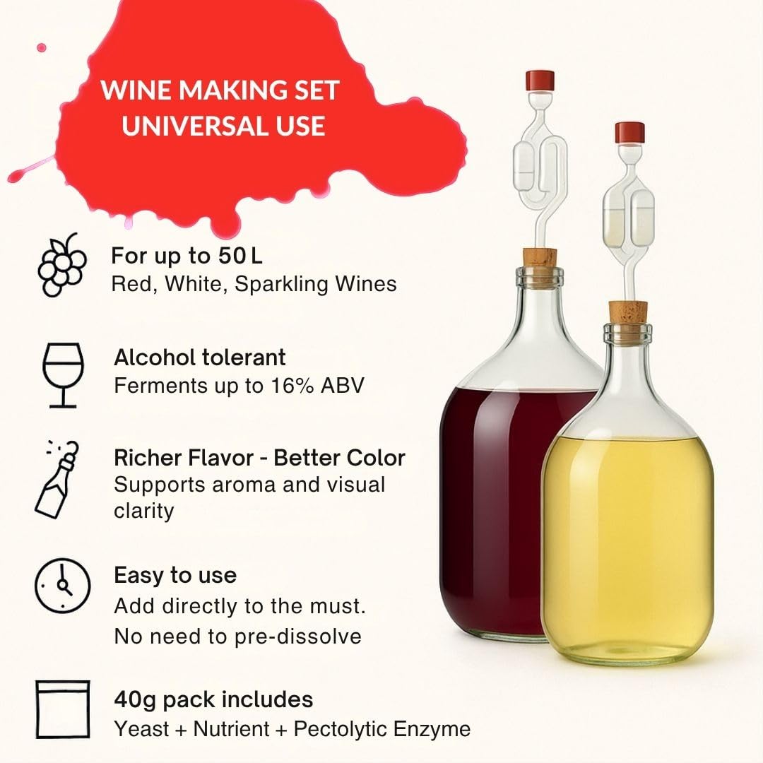 10 x Levadura Alcotec para Vino 40g – Complejo de Levadura, Enzimas y Nutrientes para Vinos de Fruta Aromáticos