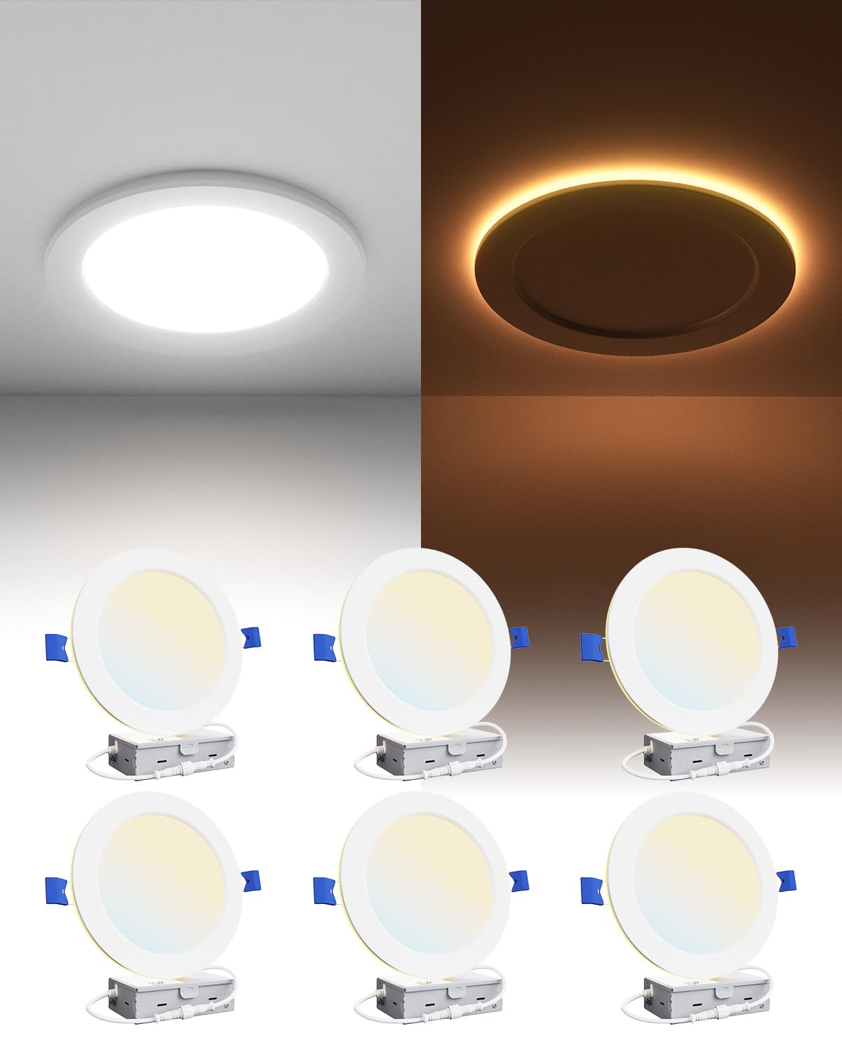 Ensenior 6 Pack 6 Inch LED Recessed Ceiling Light with Night Light, Dimmable, 2700K-5000K 5CCT, 1050LM 12W 120V, High Brightness Canless Wafer
