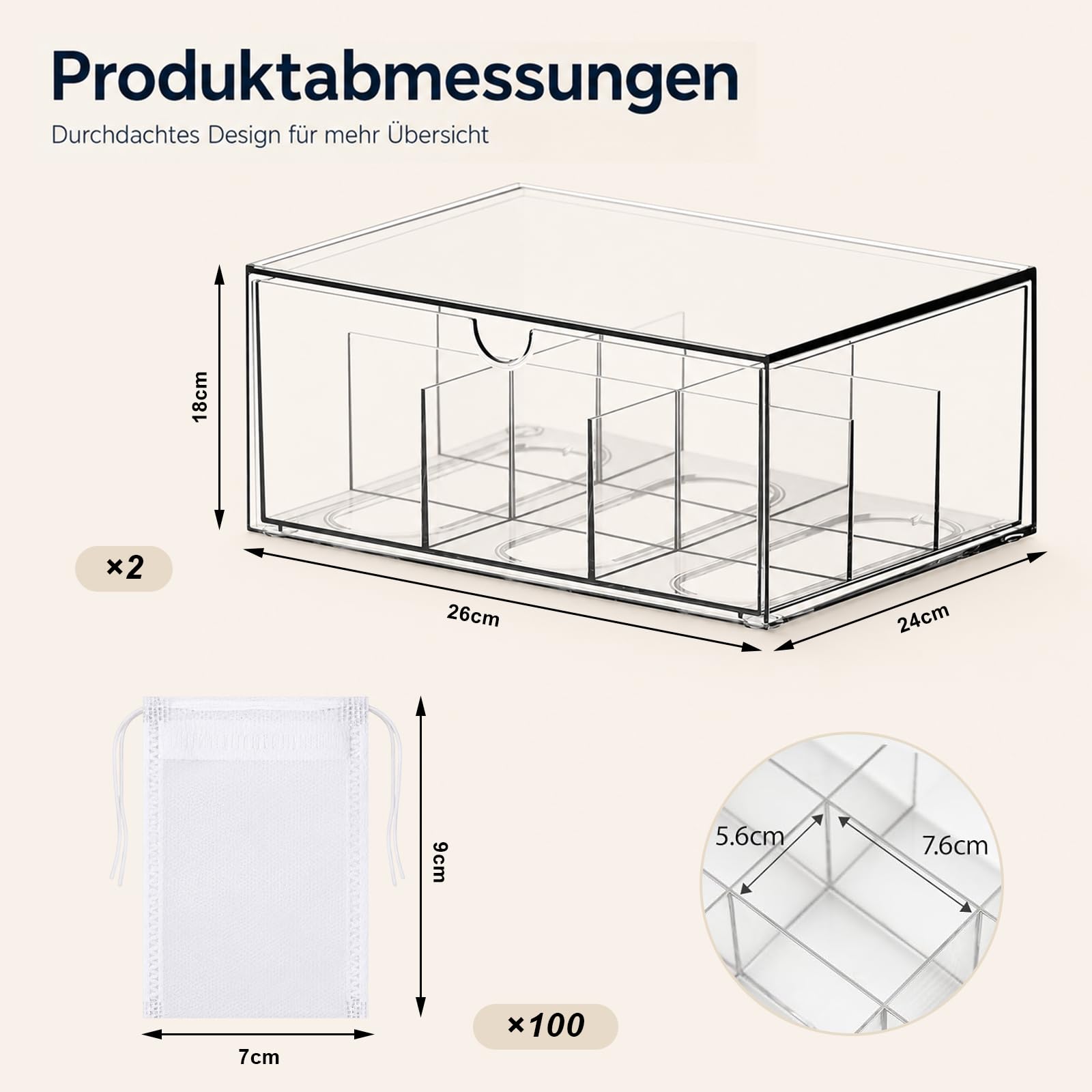SPOKKI 2 Stück Teebox, 18 Fächer Teebeutel Aufbewahrung mit Schublade Stapelbare Transparente Tee Organizer mit 100 Teebeutel für Losen Tee für Küchen Schrank und Speisekammern