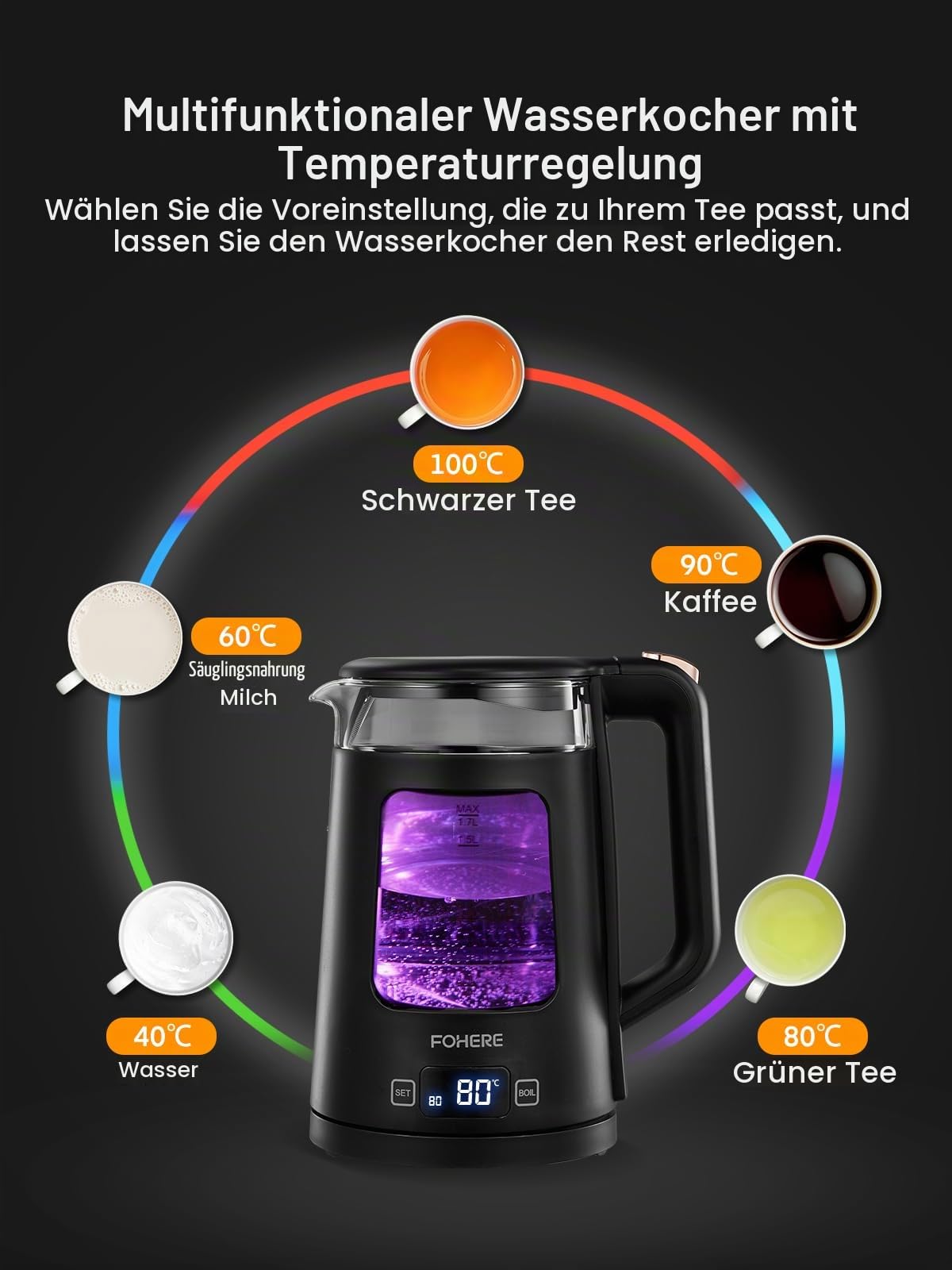 Elektrischer Wasserkocher mit Temperatureinstellung,1.7L Glas Wasserkocher mit Warmhaltefunktion, 2200W Schnelles Koche, Automatische Abschaltung & Trockengehschutz, mit 5 Farbigen Lichtern