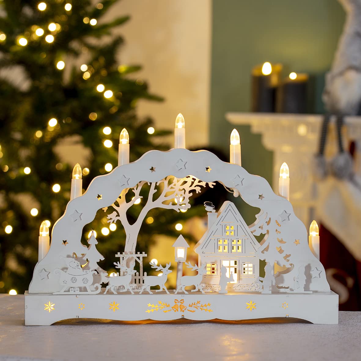 The Christmas Workshop Kerzenbrücke aus Holz mit 7 warmweißen Kerzen, Weihnachtsdeko, batteriebetrieben, 43 x 28 x 8 cm, 88200
