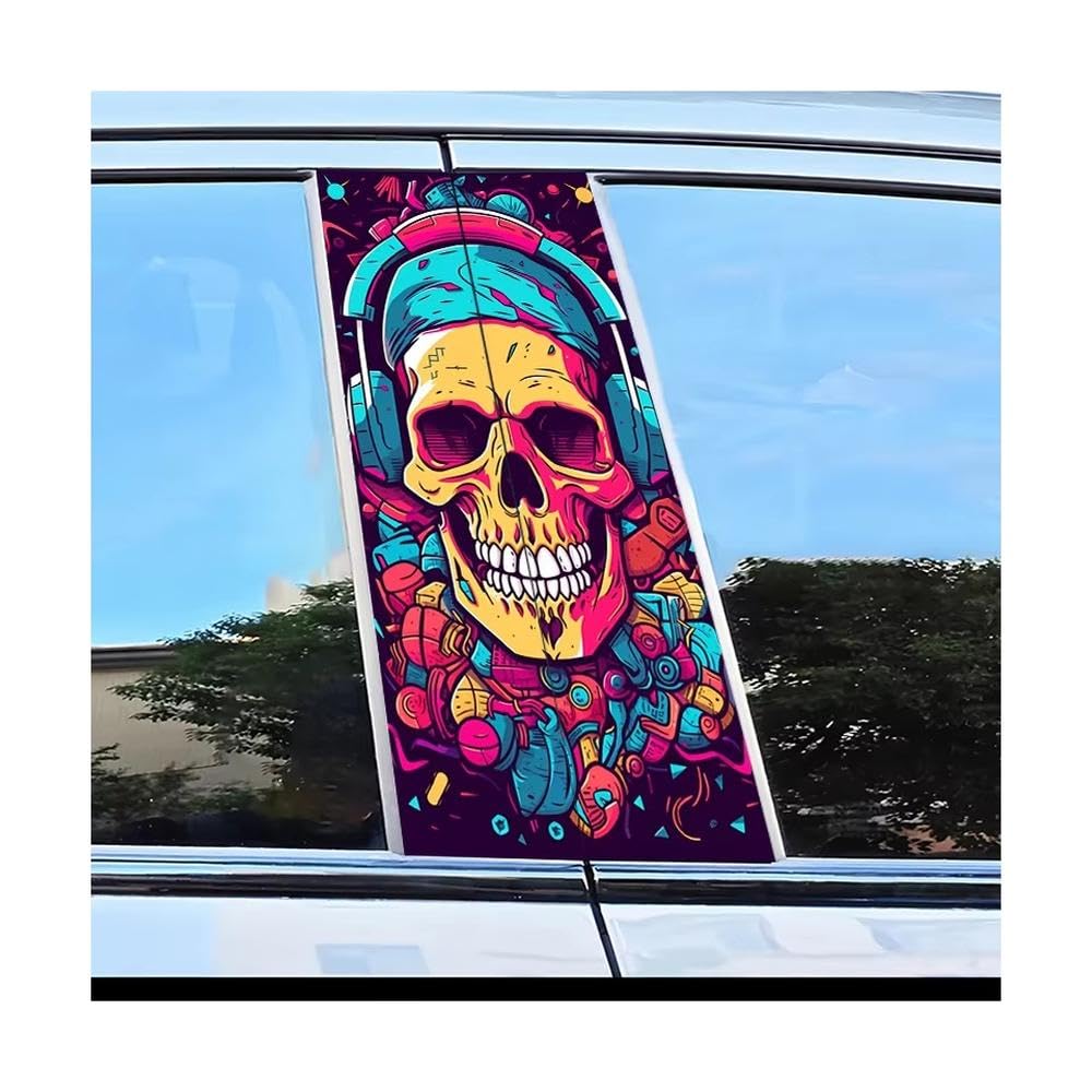 Car B Pillar Waterproof Center Column Stickers Skull Headphones Pattern Scratch Resistant Film
