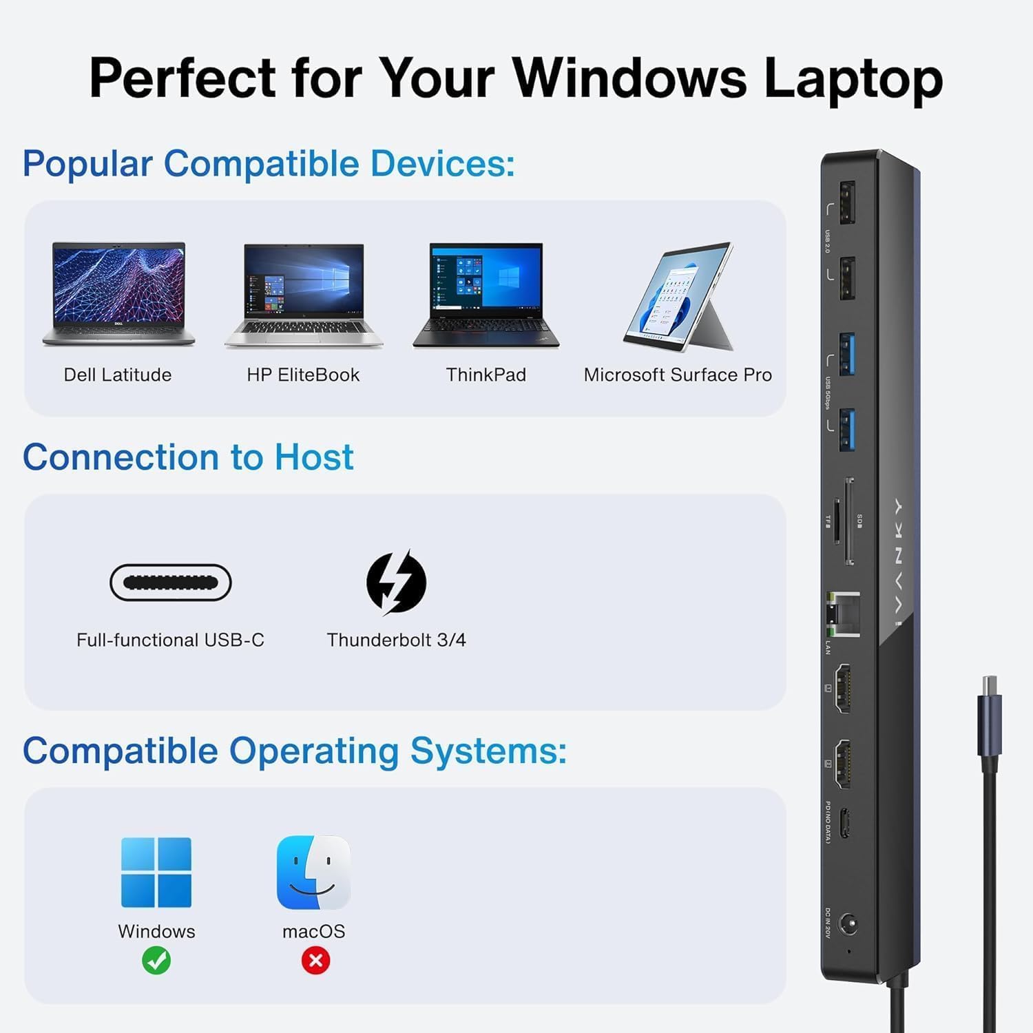 iVANKY Docking Station compatible with various Windows laptops
