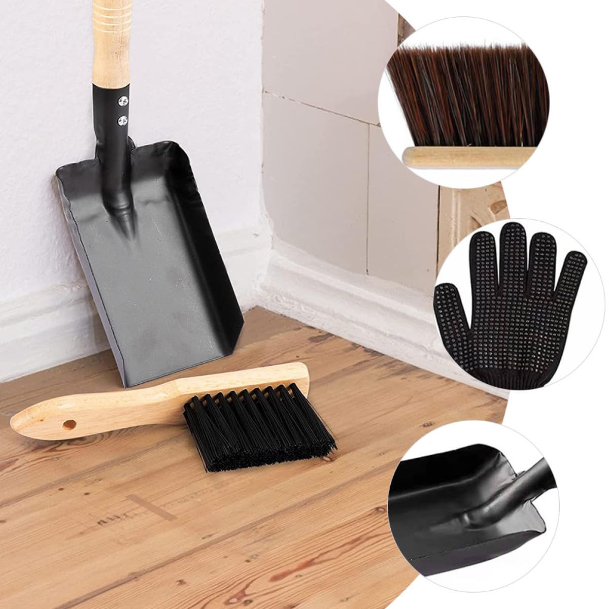 Homoyoyo Set Paletta per Cenere e Scopa per Riscaldamento in Acciaio al Carbonio Manico in Legno Guanti Resistenti al Calore per Pulizia Domestica Kit Compatto e Portatile per