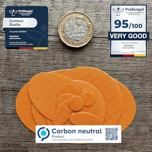 aZengear Repair Patches for Jackets, Tent, Shoe Toe, Air Mattress, Inflatables, PVC Gear - Waterproof, Self-Adhesive, Tear-Cold-Heat-Resistant, Down Puffer Coat (11 Pcs, Gold Orange)