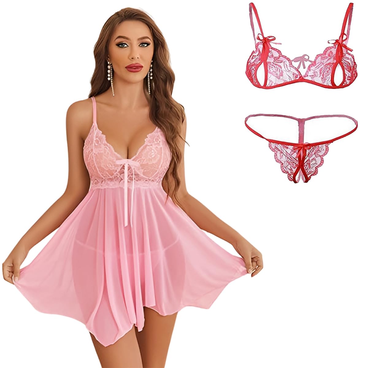 Women Sexy Floral Net Lace Babydoll Lingerie Night Robe/Nightgown Lingerie for Honeymoon with Bikini Set S-3XL