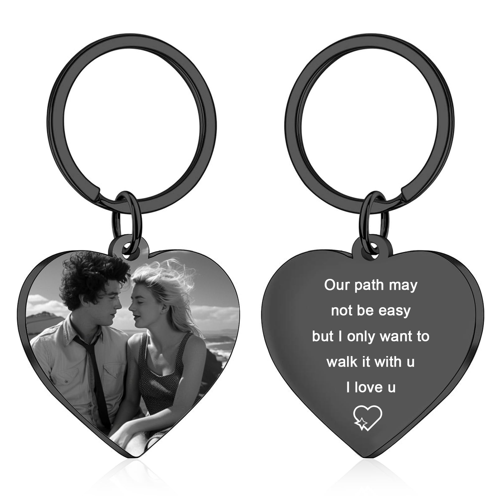 BEXOA Personalised Keyring, Custom Photo Engraved Text Key Ring Customised Keychain Anniversary Memorial Gifts for Him Men Boyfriend Dad Family (Engraving - Heart-shaped)