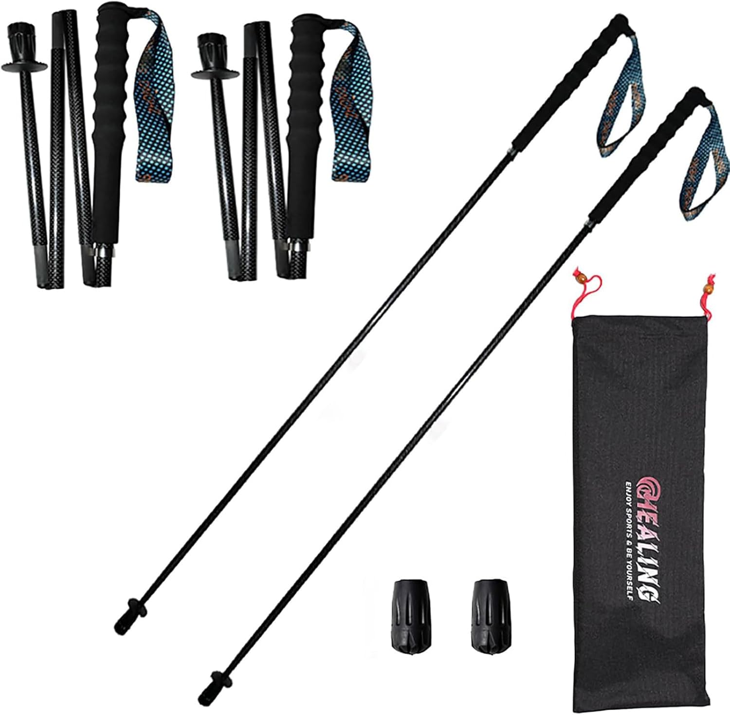 トレッキングポール カーボン 超軽量 2本セット 5段折り畳み EVAコンビグリップ 登山用ストック ウォーキングポール 収納ポーチ