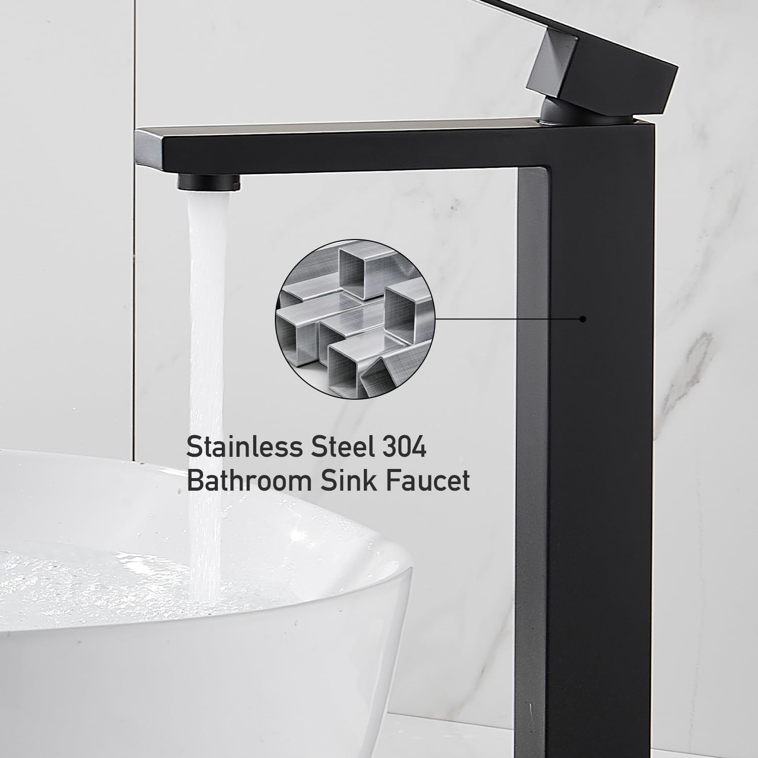 AVSIILE Matte Black Vessel Sink Faucet, 1 Hole Single Handle Tall Bathroom Vanity Faucets, Modern Utility Rv Laundry Bath Restroom Mixer Tap with Metal Pop Up Drain and 2 Water Supply Lines