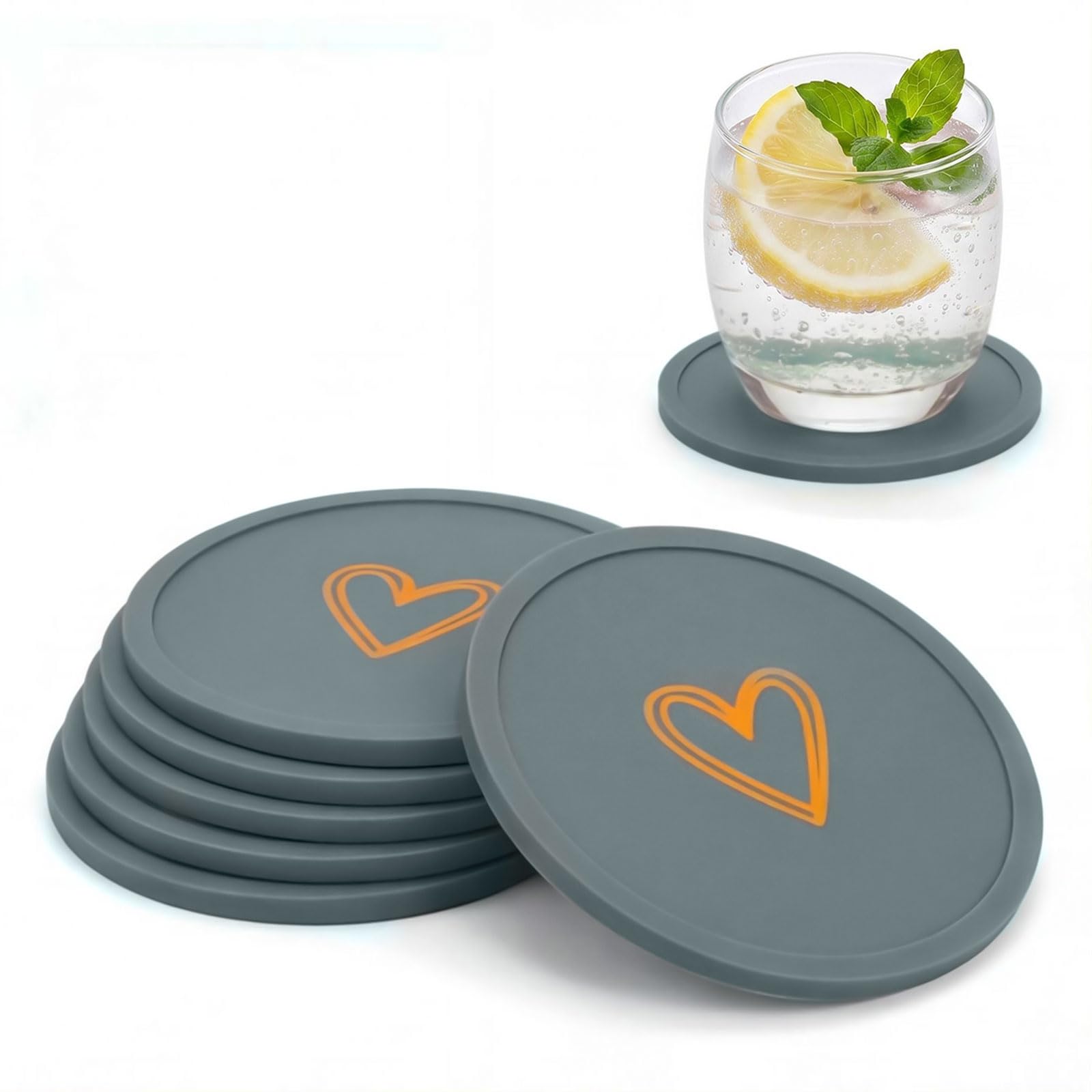 Ksriylm Round Silicone Coasters Set of 6, Minimalist Heart Pattern Non-Slip Anti-Overflow Drinks Coasters,Table Decor & Protection Cup Mat for Coffee Wine Mugs Glasses Home and Bar,Grey