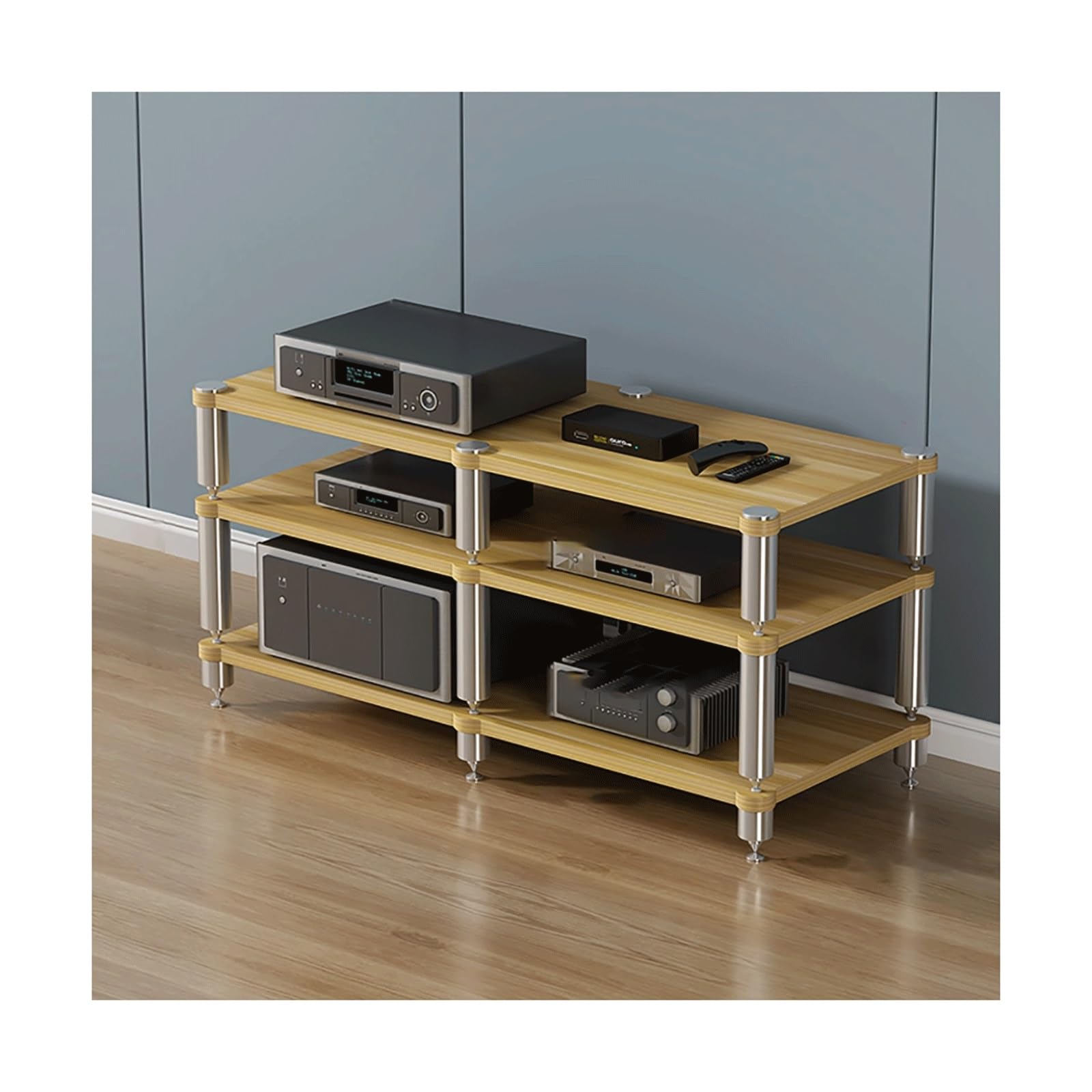 Stojak Av Media Stand Drewniane Półki warstwowe Nowoczesna Komponent Stereo Szafka Konsola do gier Półka na projektor Odtwarzacz DVD TV Box Salon, Naturalny-3-poziomowy