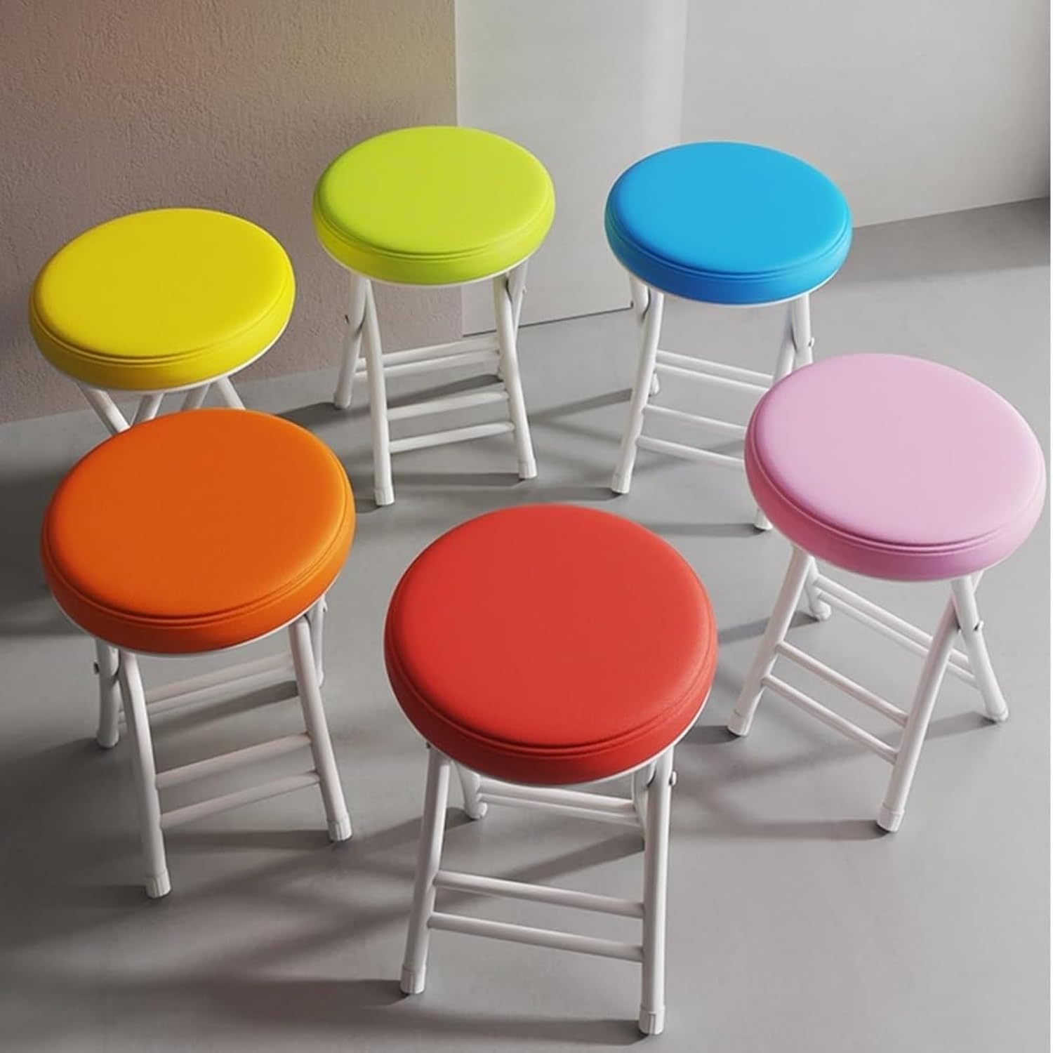 Folding Stool, Circular Cushioned Folding Stool, Sturdy Metal Frame Portable seat, Compact Design that Saves Space