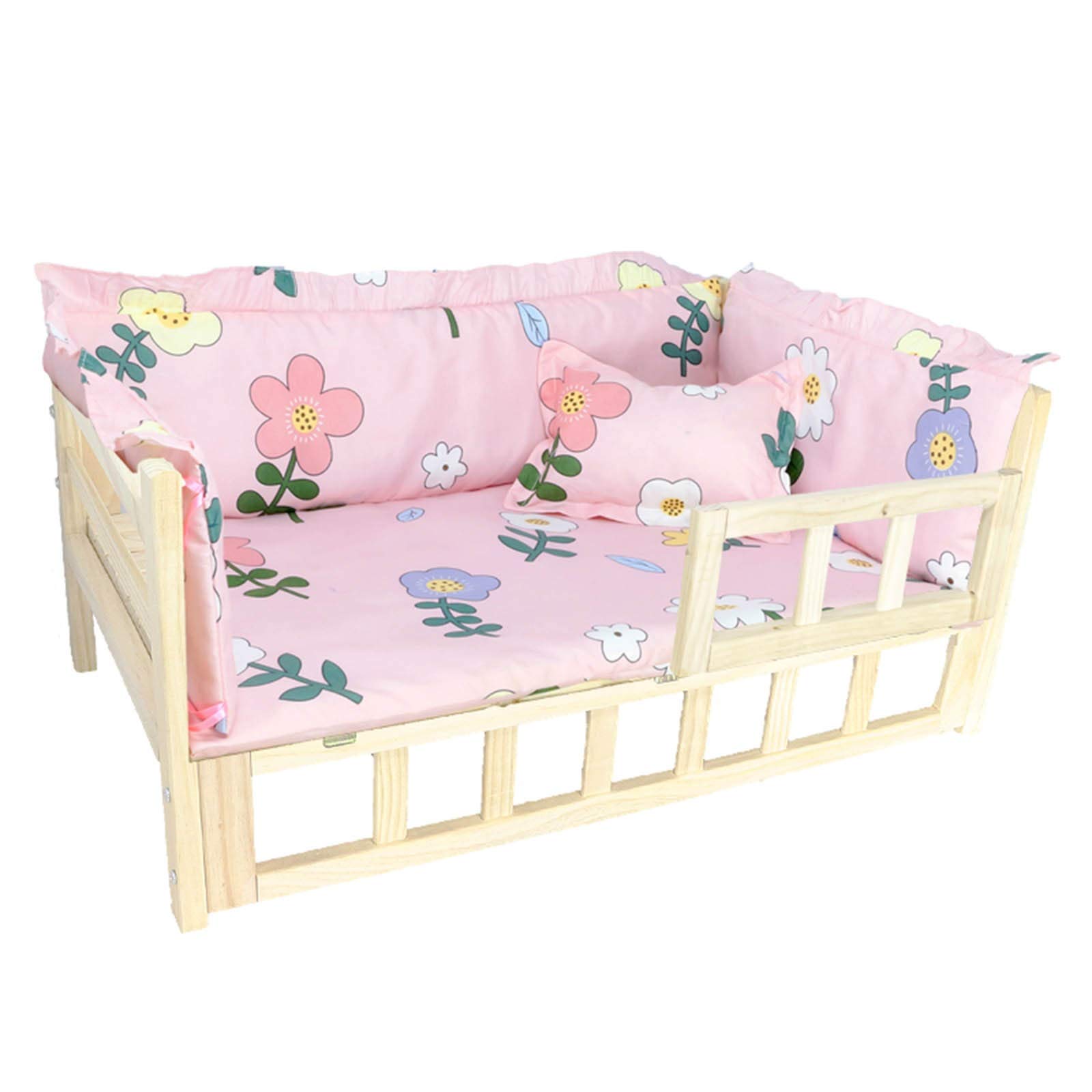 JLXJ Cama para Perros Rosado Madera Perro Gatos Cama para Grandes Medianos Pequeños Mascota, Al Aire Libre Interior Elevado Ortopédico De Madera Sofá Cuna, Portátil Suave Retirable Colchón