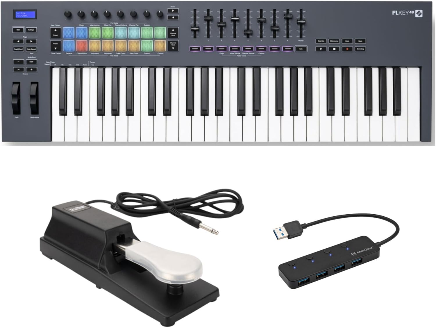 Novation FLkey 49-Key MIDI Keyboard Controller - Professional Music Production with Velocity-Sensitive Keys and DAW Integration, Compact and Portable Bundle with Sustain Pedal and 4-Port USB (3 Items)