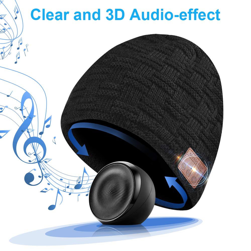 HANPURE Cappello Bluetooth 5.0 Regali Natale Donna - Musica Berretto Idee Regalo Uomo & Donna Economici, Cappello Bluetooth con Altoparlanti Stereo HD e Cuffie Wireless Regalo Natale,Nero,Taglia Unica