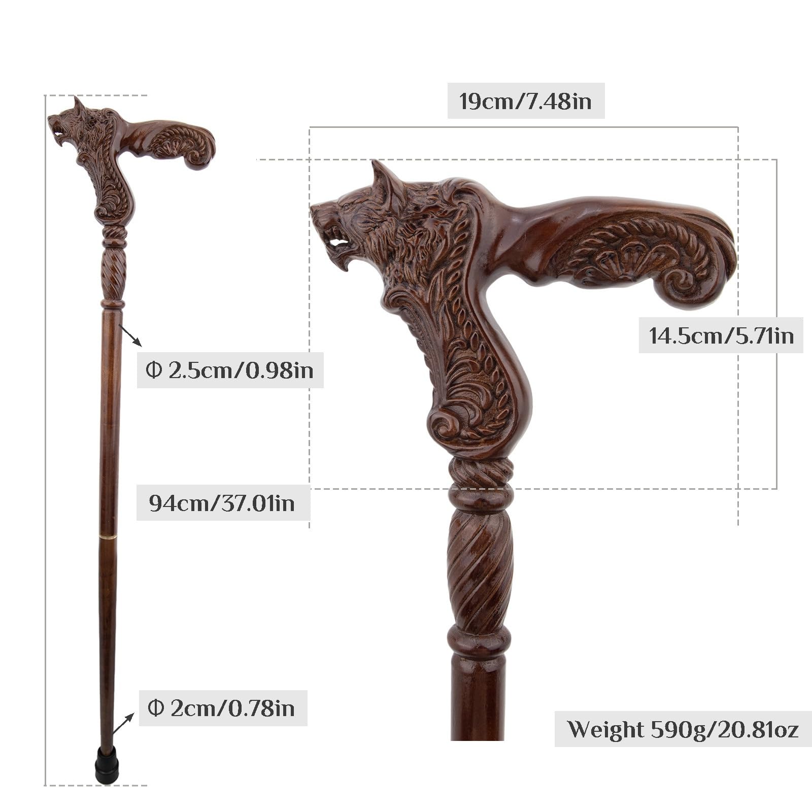Bastoni da Passeggio in Legno con Motivo a Lupo, con Impugnatura Ergonomica e Punta In Gomma Antiscivolo Bastone Decorativo di Lusso per Uomo e Donna Cospaly 94 Cm