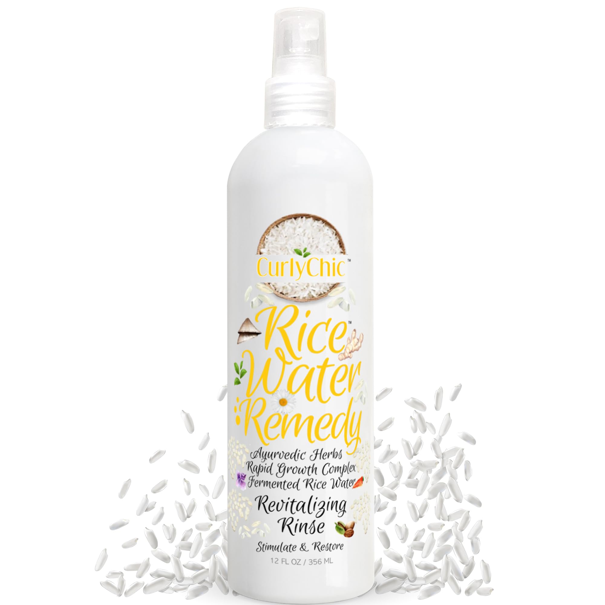 Curly Chic Rice Water Remedy Revitalizing Hair Rinse - Anti-Breakage & Strengthener, Ayurvedic Herbs, Nourishing Conditioner for All Hair Types - Sulfate, Paraben & Mineral Oil Free - 8 fl oz