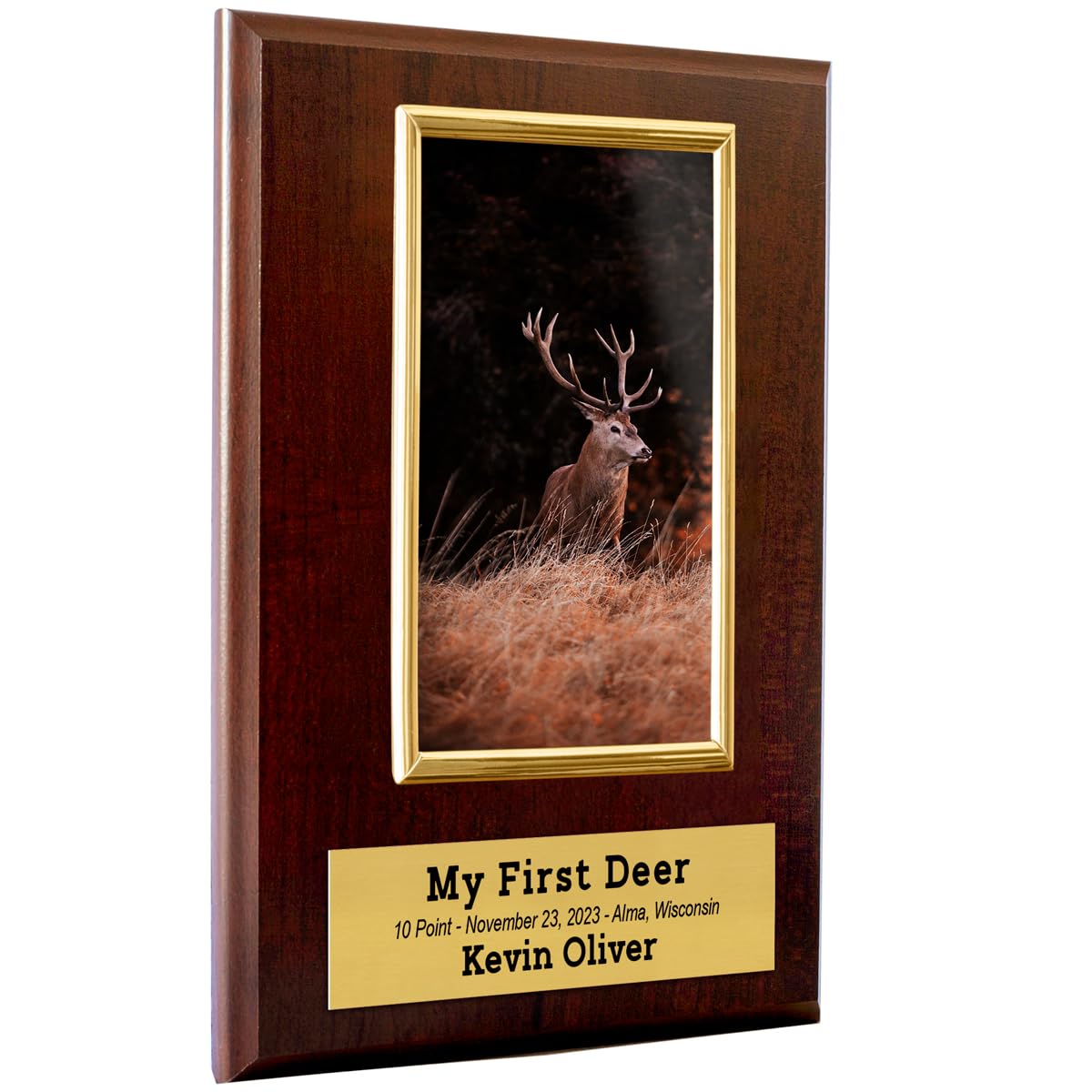 Hunting Plaque, 8x10 Inches, Personalized with Name, Date, Location and Animal Type, Gold Frame hold 4 x 6