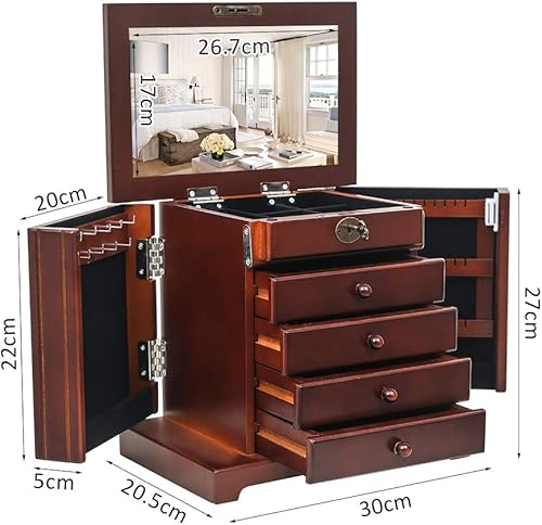 Miniatura 7 de Organizador de joyas grande de madera, caja de almacenamiento de 5 capas con 4 cajones, color marrón (11.8 x 7.9 x 11 pulgadas)
