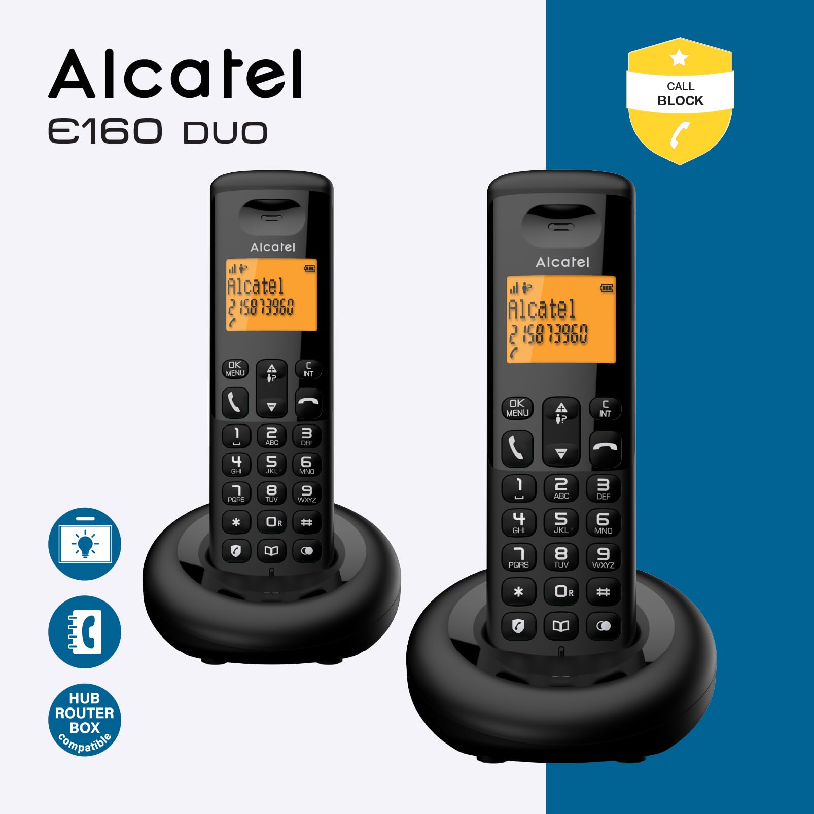 ALCATEL E160 Duo - Telefono Fisso Cordless DECT - Design Compatto - Grande Display Retroilluminato - Funzione Blocco Chiamate Indesiderate - 3 Memorie Dirette - 2 Portatili - Nero